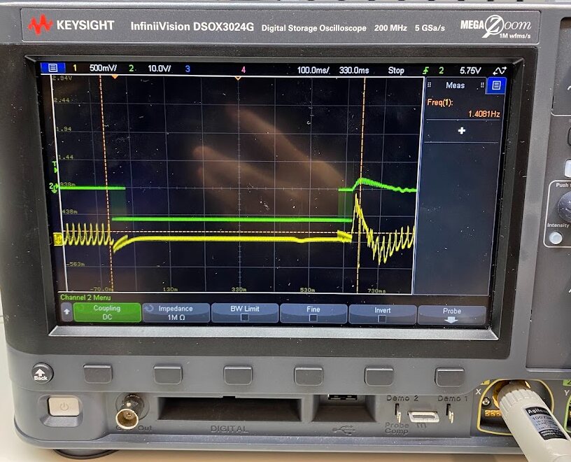 Oscilloscope showing signal analysis during root-cause diagnosis
