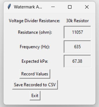 Python calibration GUI showing resistance, frequency, and expected kPa readouts